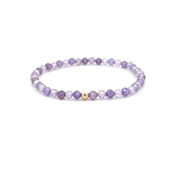 Cubic Zirconia Purple Micro Faceted Gemstone Beaded Stretch Bracelet 14K Gold Ac - Picture 1 of 7